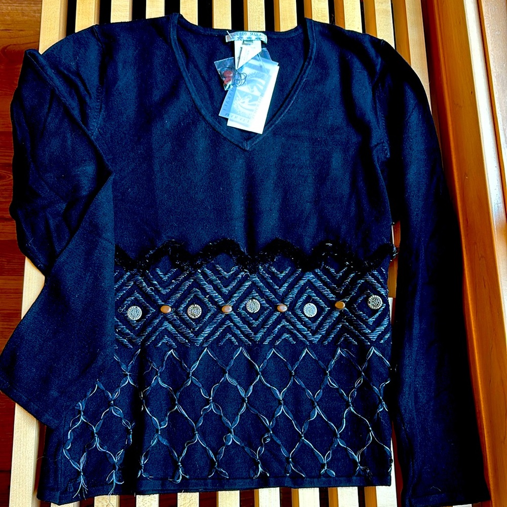 New Alberto Makali Black V-Neck Sweater with decorative accents Large gorgeous!
